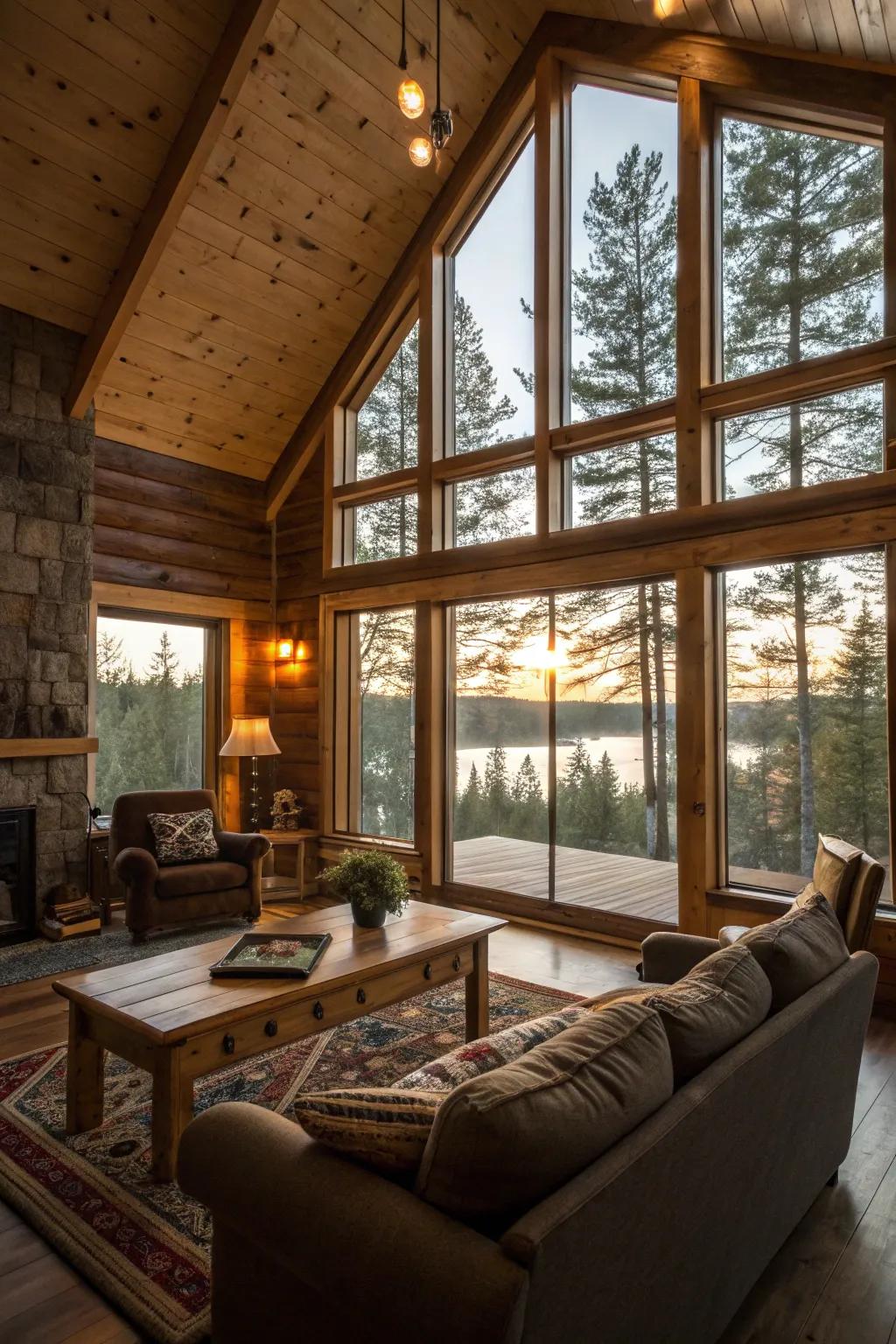 Sunlight fills this cabin living room, emphasizing its country appeal.