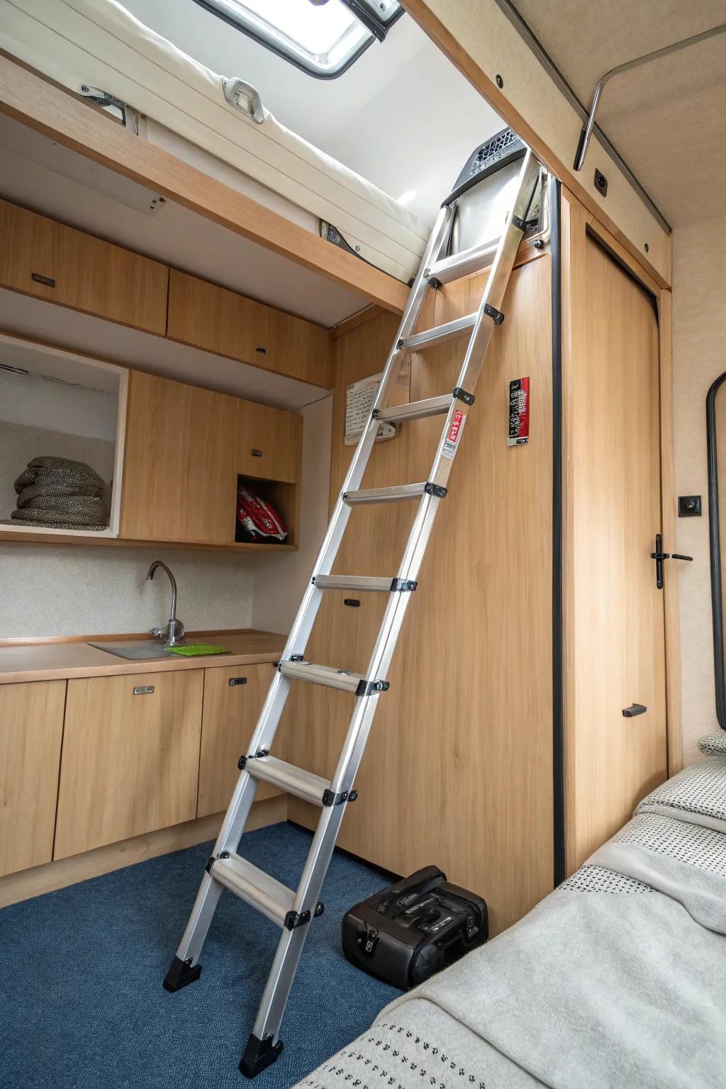 A folding ladder offers practical adaptability in a cabin with limited square footage.