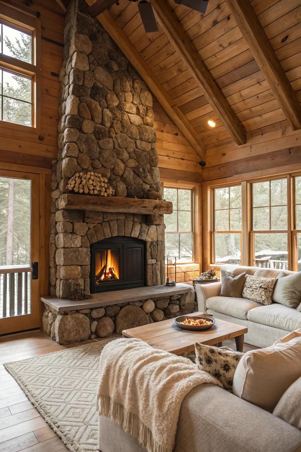 A natural stone fireplace creates an inviting and warm centerpiece.