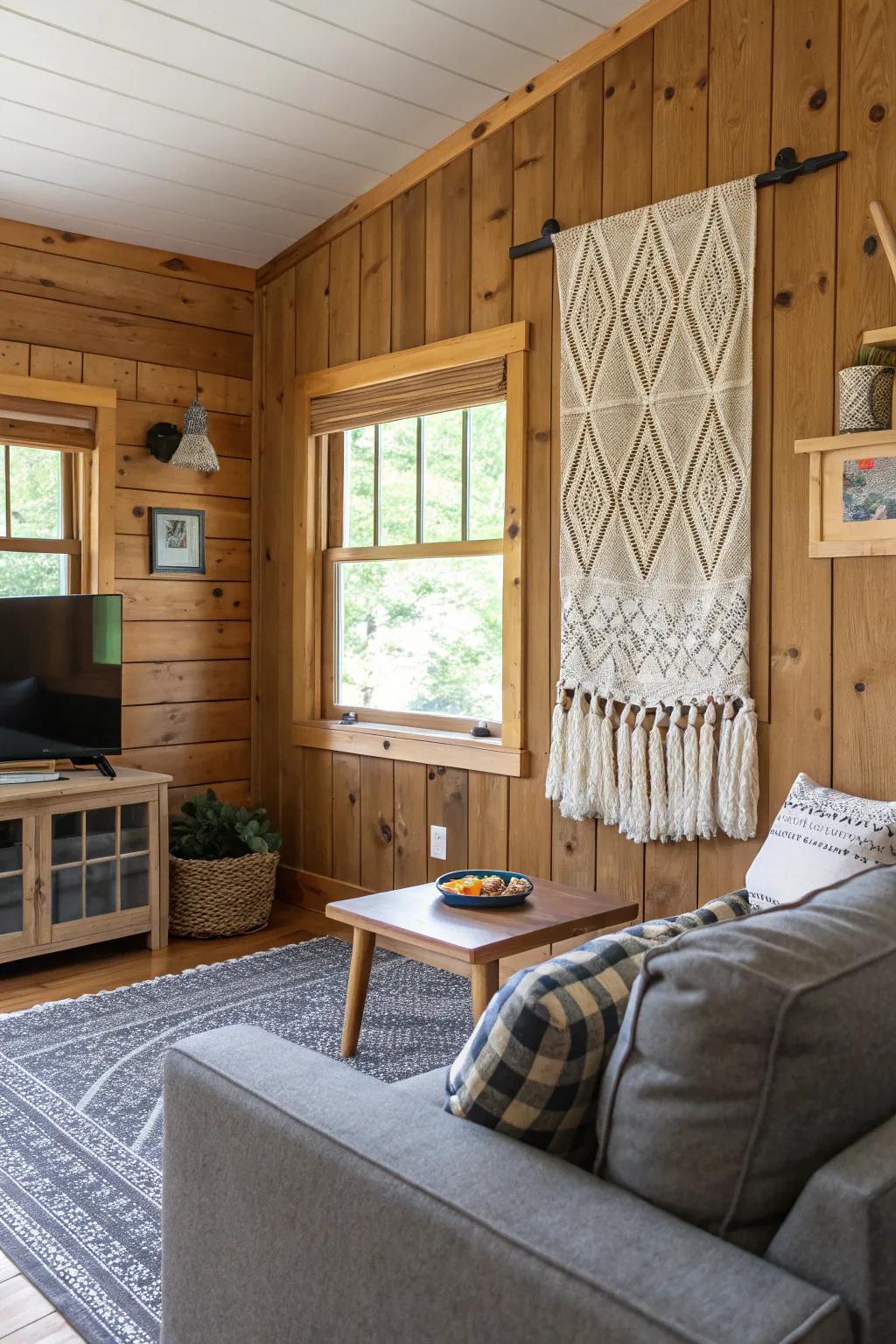 A combination of materials adding dimension and intrigue to the cabin's decor.