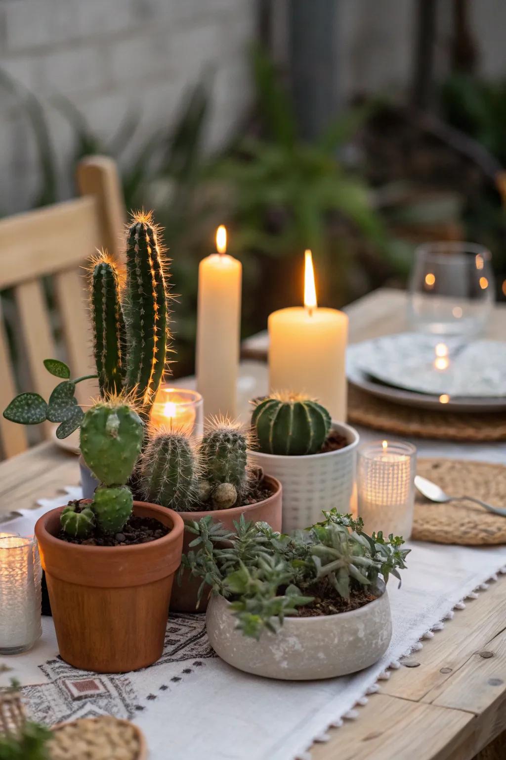 Candles paired with succulents craft a romantic and inviting atmosphere.