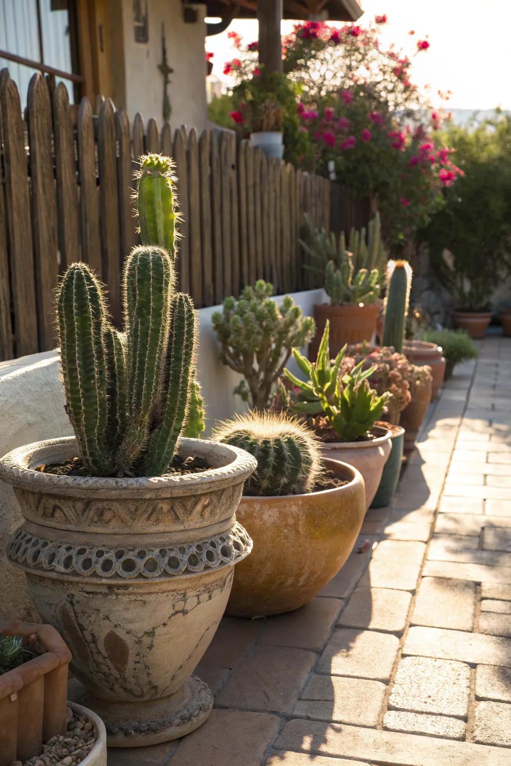 Cacti in charming vintage containers, perfect for small spaces.