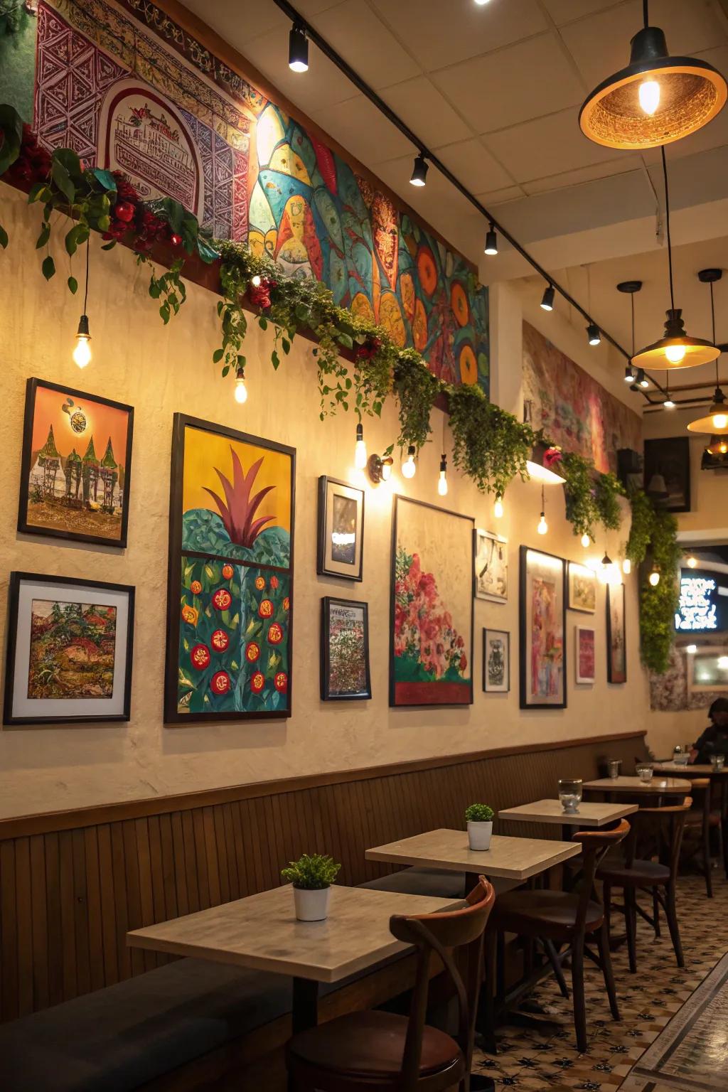 Vibrant artwork in a café highlighted by carefully placed accent lighting.