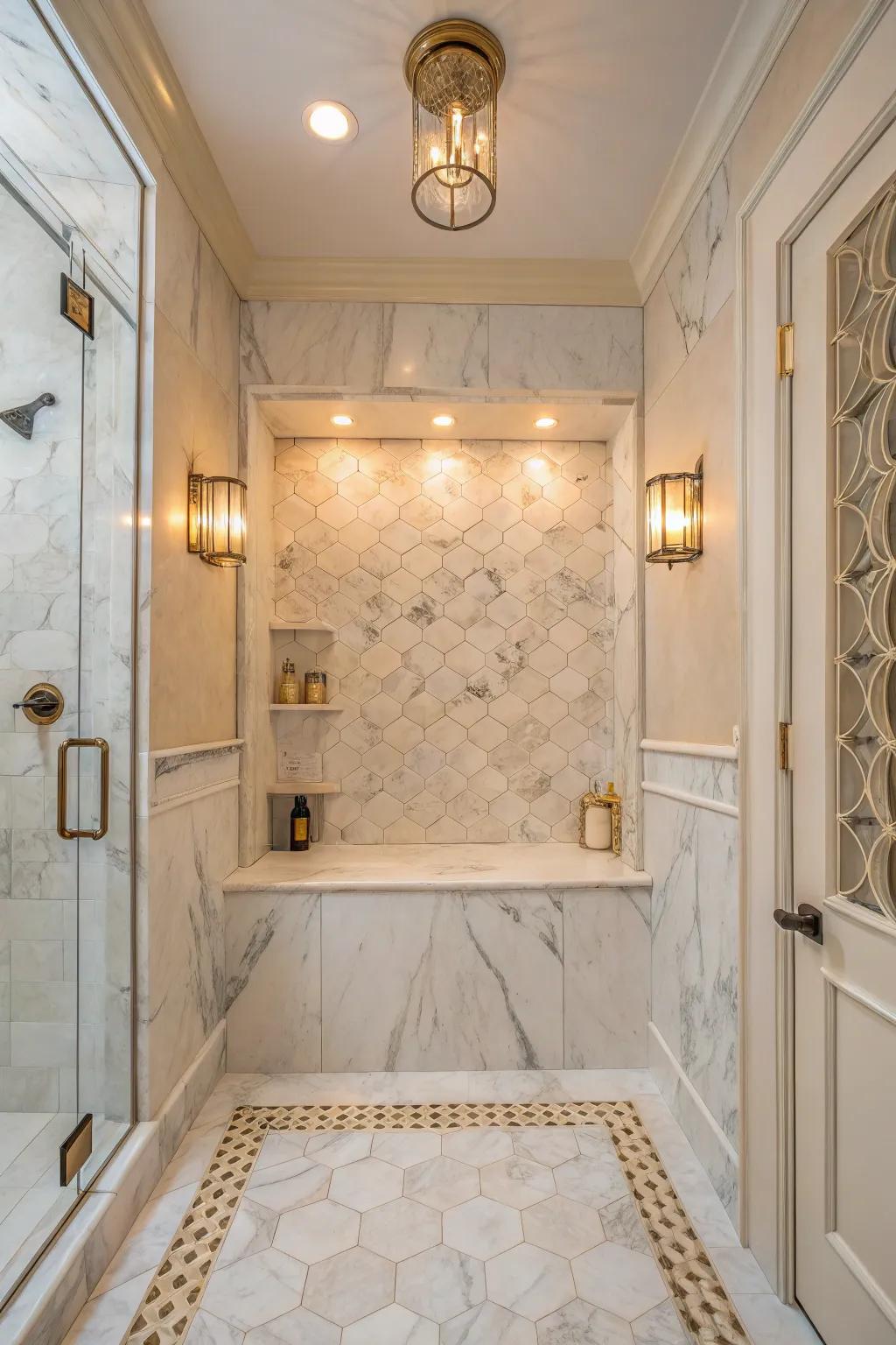 A lavish shower alcove crafted with gorgeous Carrara Essence marble tiles.
