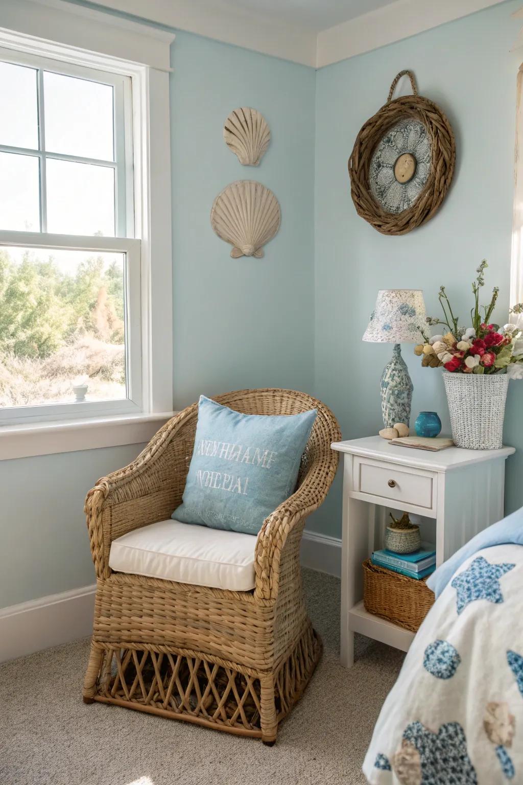 A bedroom corner displaying a wicker chair and seaside-inspired decor for a laid-back vibe.