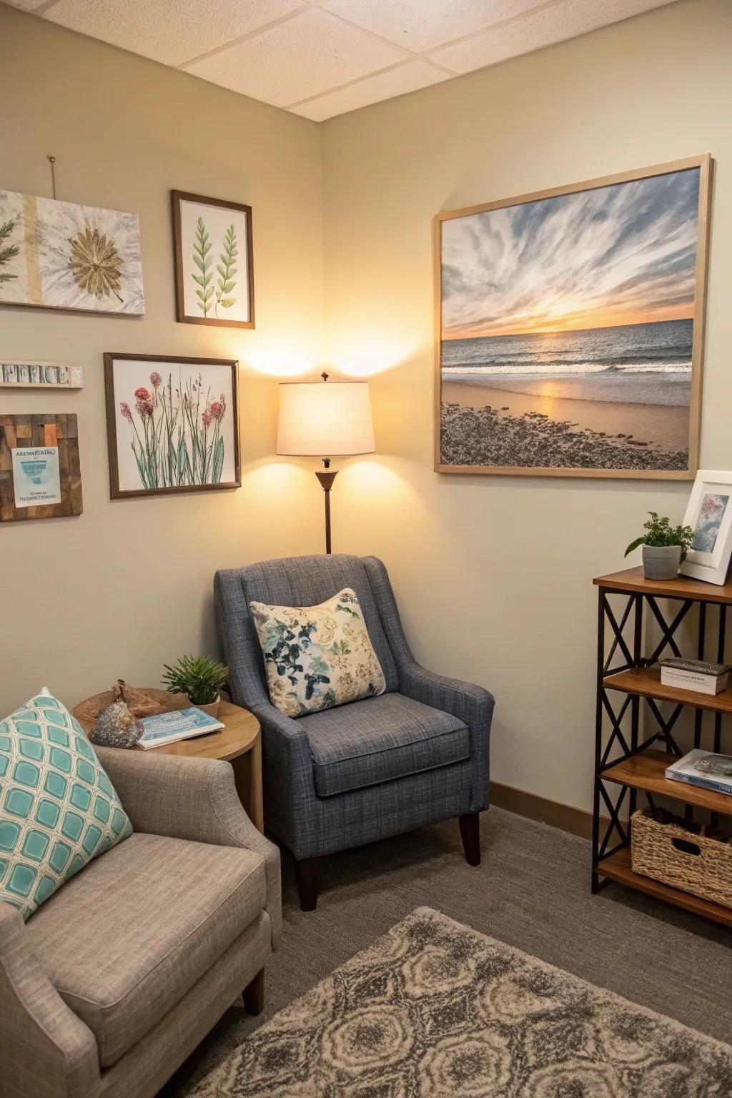 Inspiring art on the walls enhances the therapeutic setting.