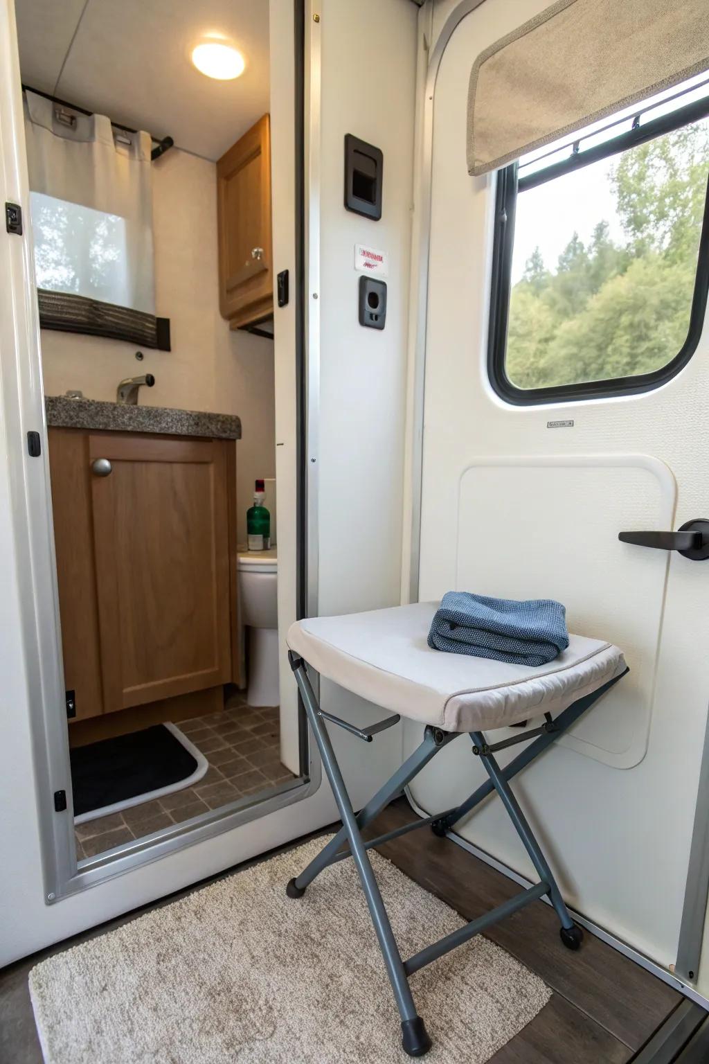 Multi-functional stool offering extra storage in a camper bathroom.