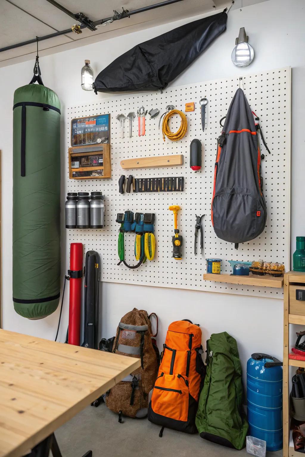 Pegboards offer a creative avenue for arranging and displaying camping implements.