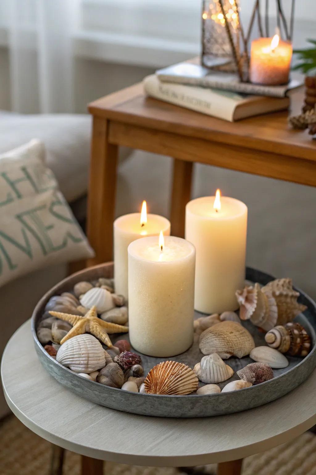 Seashells and candles create a soothing seaside vibe.