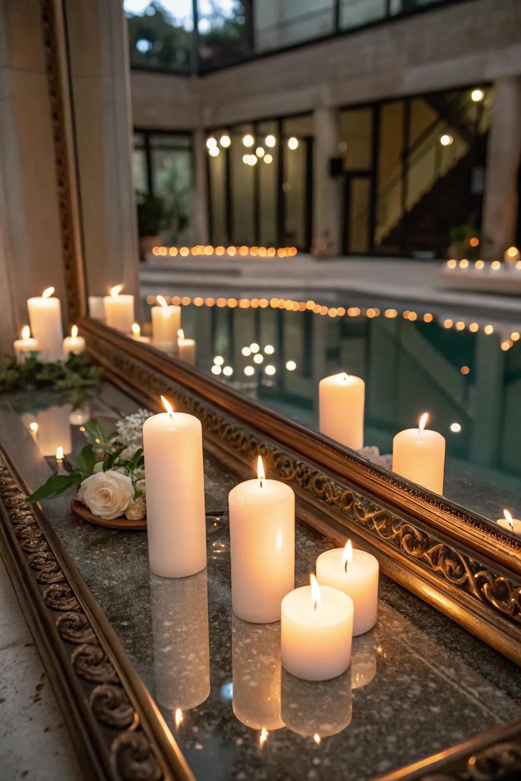 Wax lights displayed on a reflective surface to double the lighting effect.