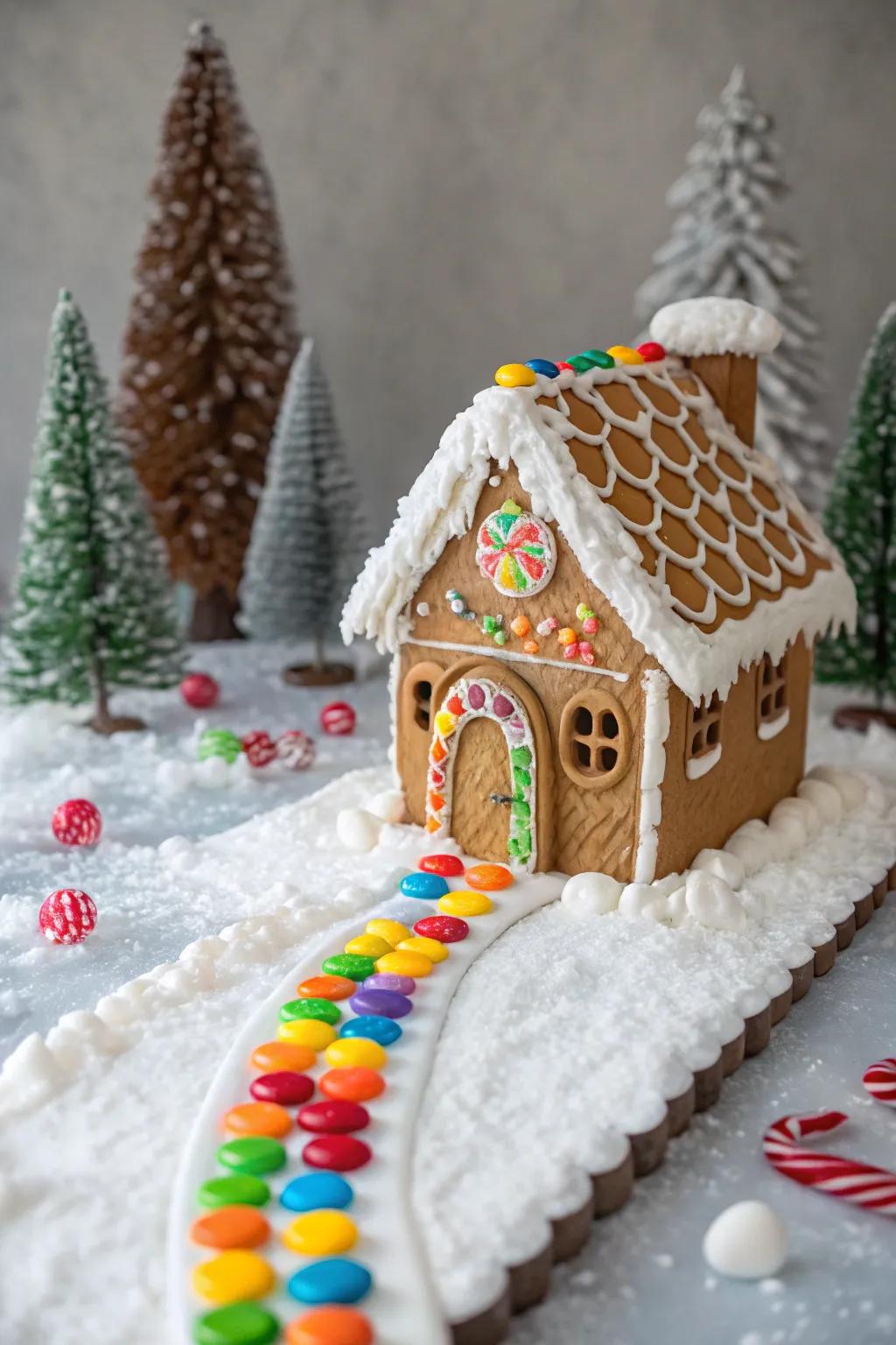 A radiant choco gems path guiding to the gingerbread house portal.