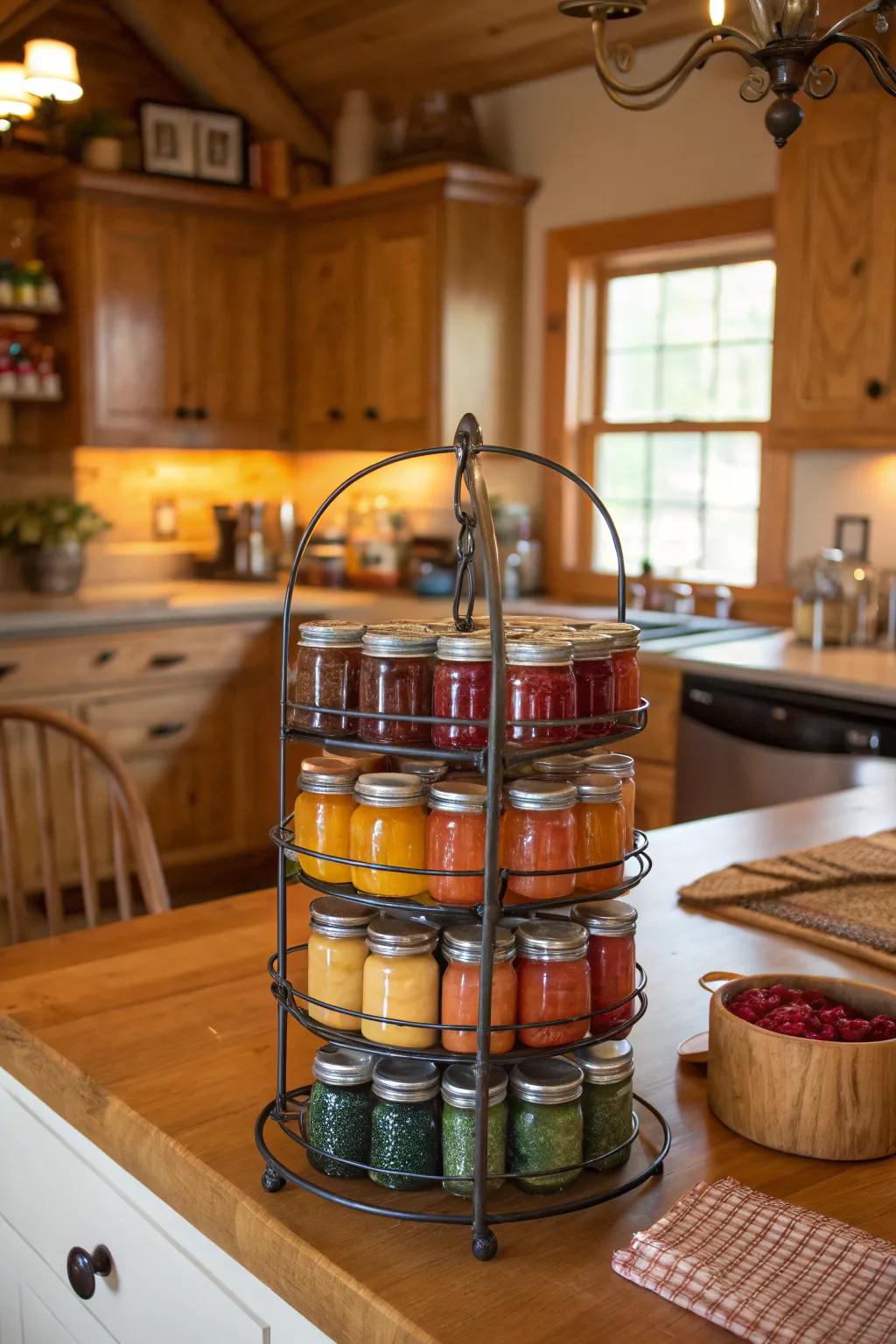 Optimize storage and accessibility utilizing tiered jar racks.