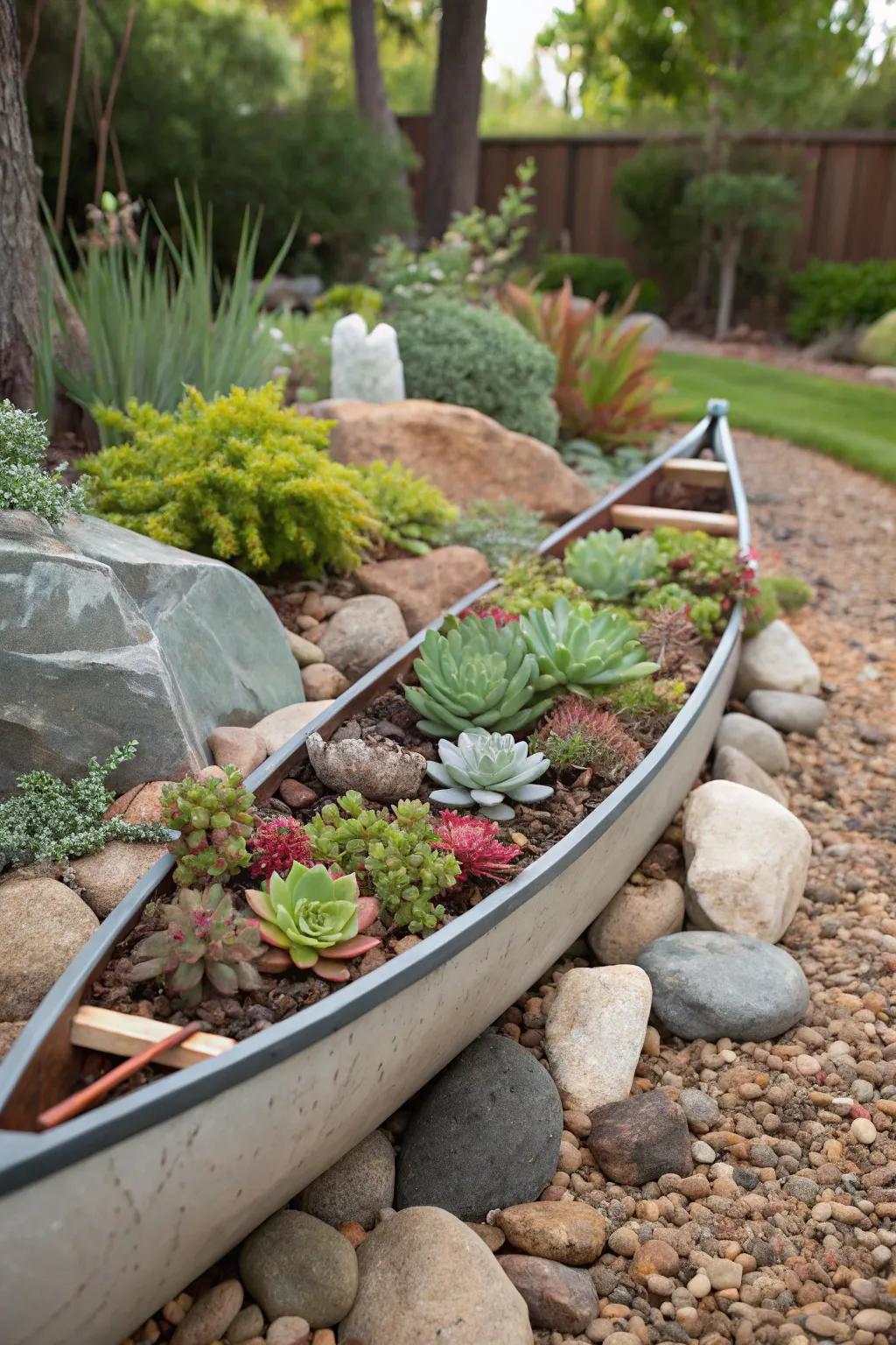 Stones and wood chips fashion a decorative border for a canoe planter.