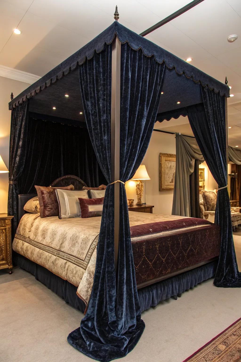 Heavy fabrics deliver opulence and grandeur.