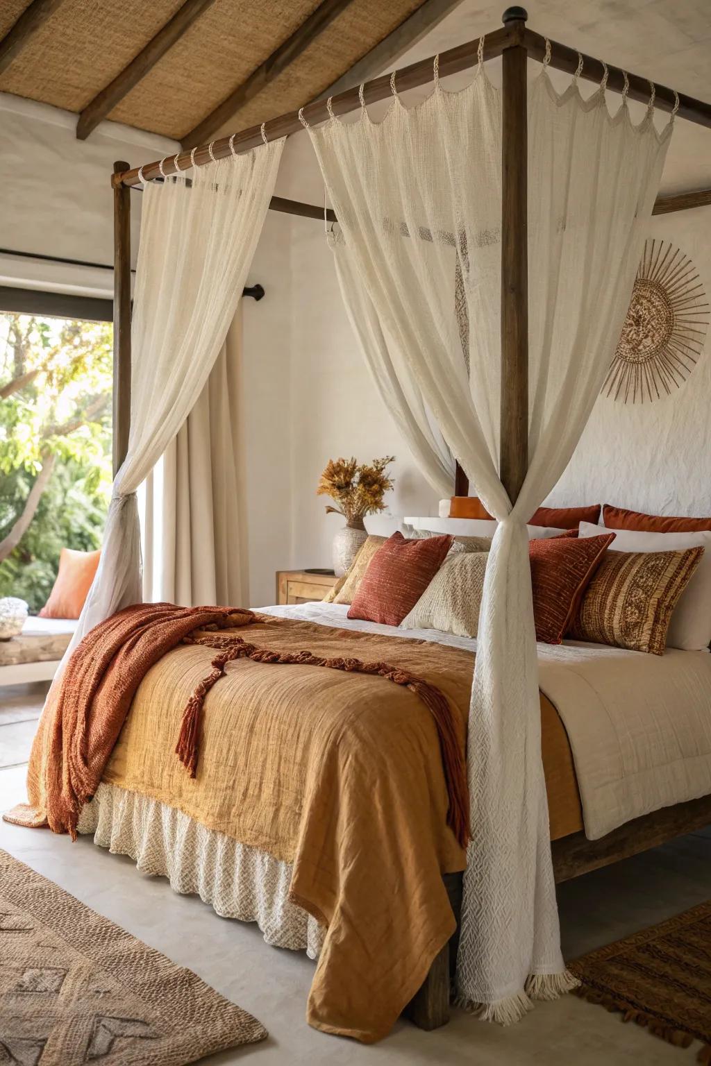 An intimate canopy retreat featuring layered bedding and warm hues.