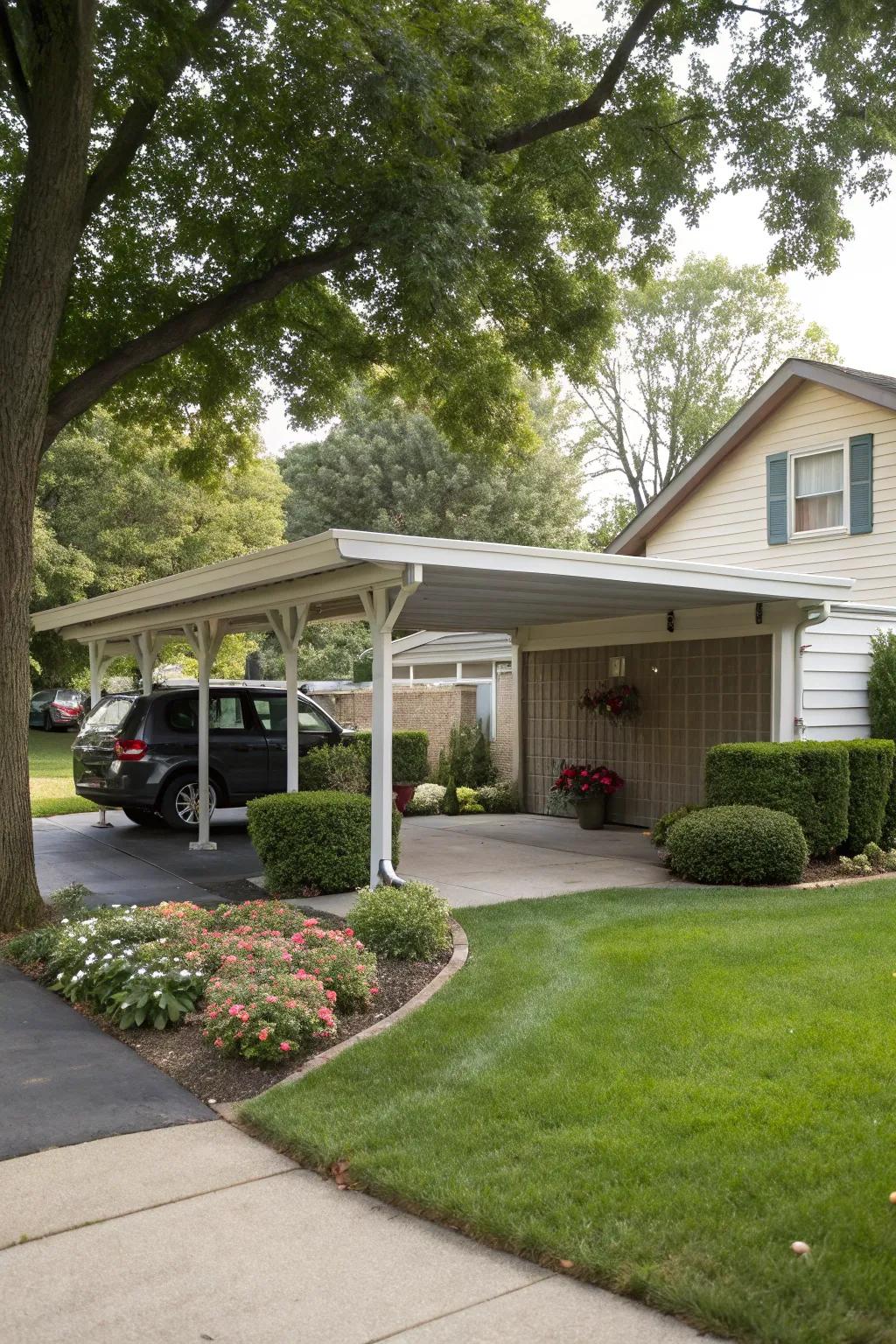 A freestanding carport that offers both versatility and a stylish accent to the home.