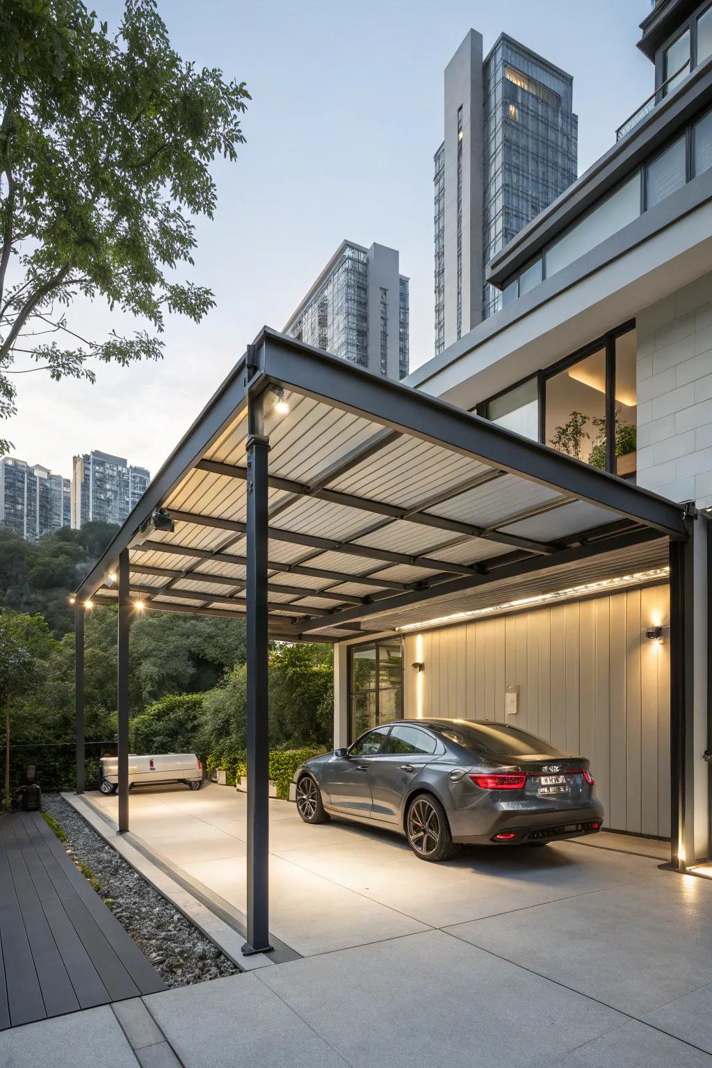 An industrial chic carport composed of metal supports.