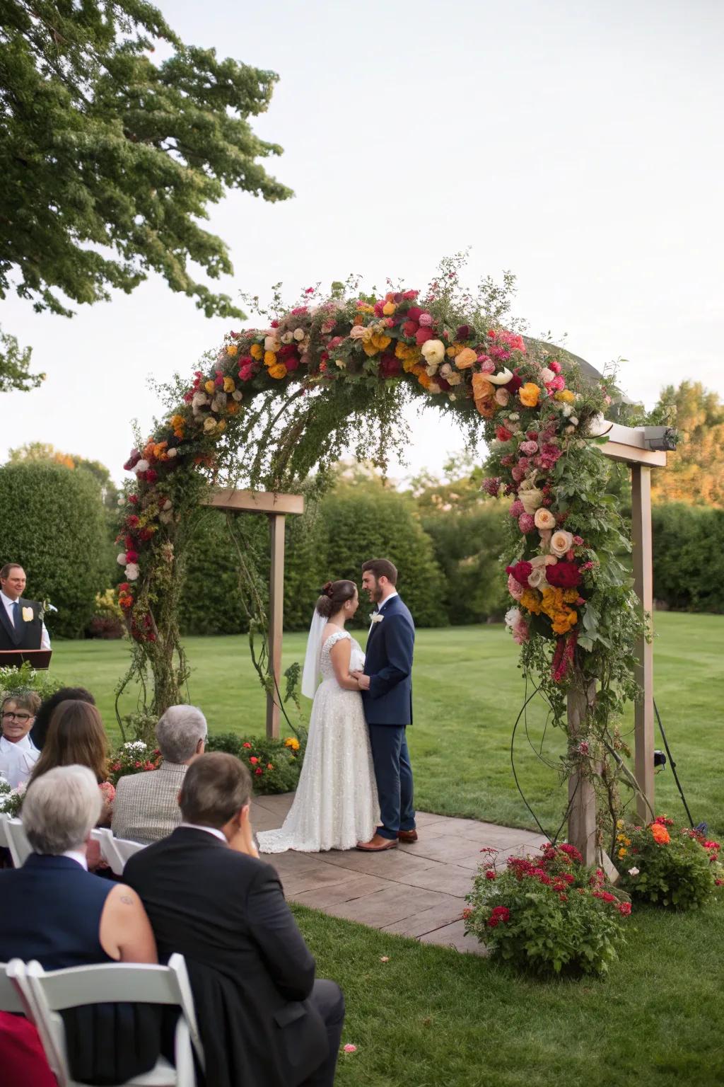 A stunning floral arch acts as the ceremony's focal point.