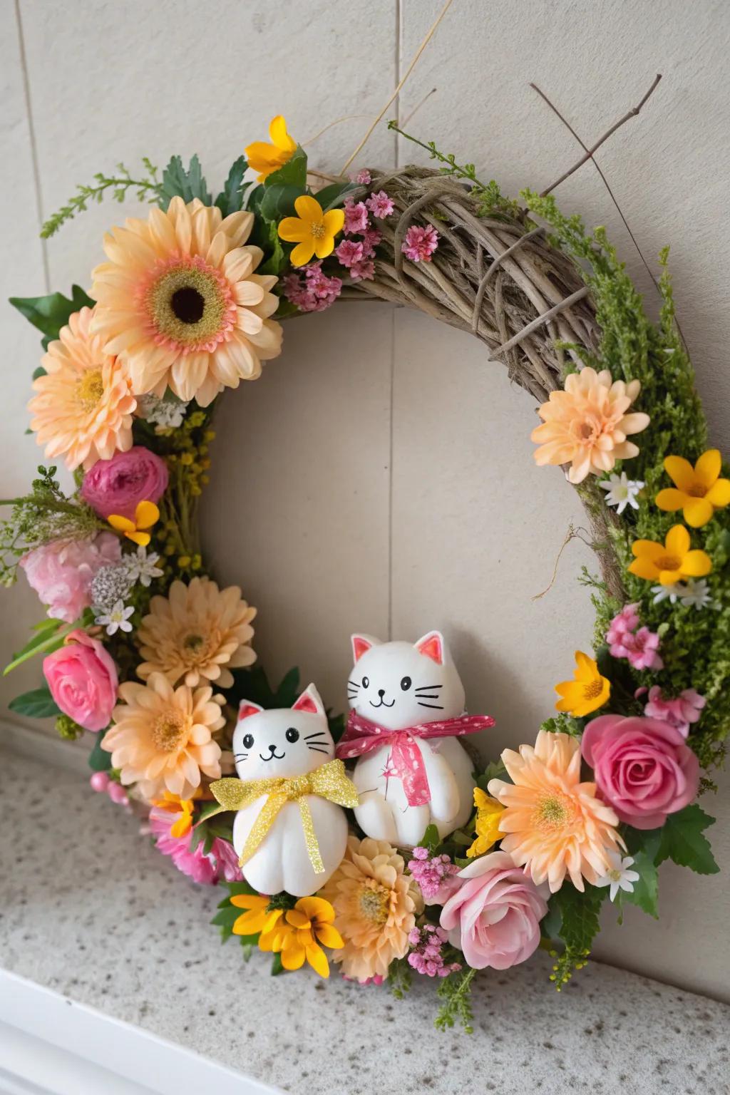 A botanical feline retreat wreath ideal for any snug corner.