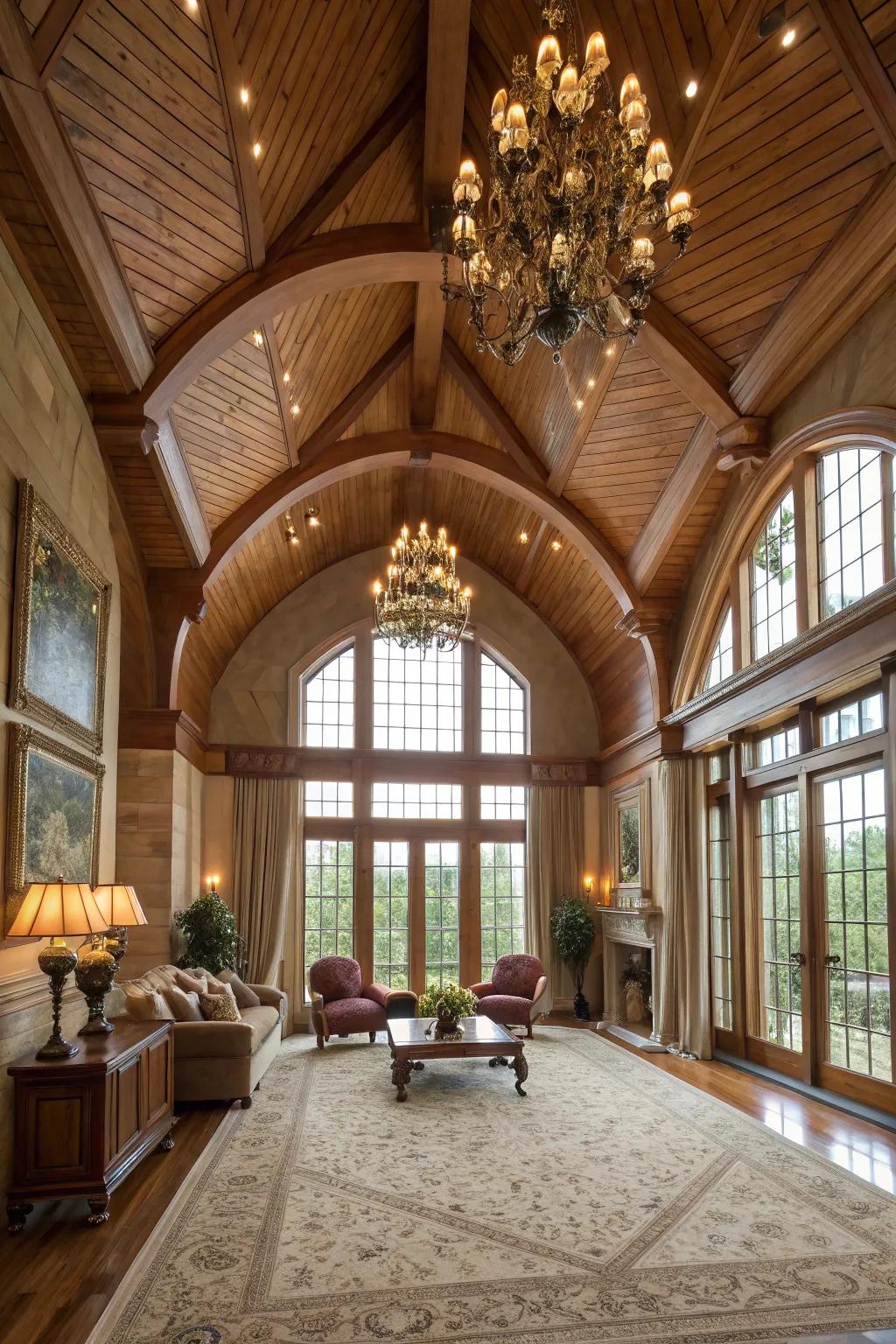 A grand room with a vaulted wooden plank ceiling, providing a sense of spaciousness.