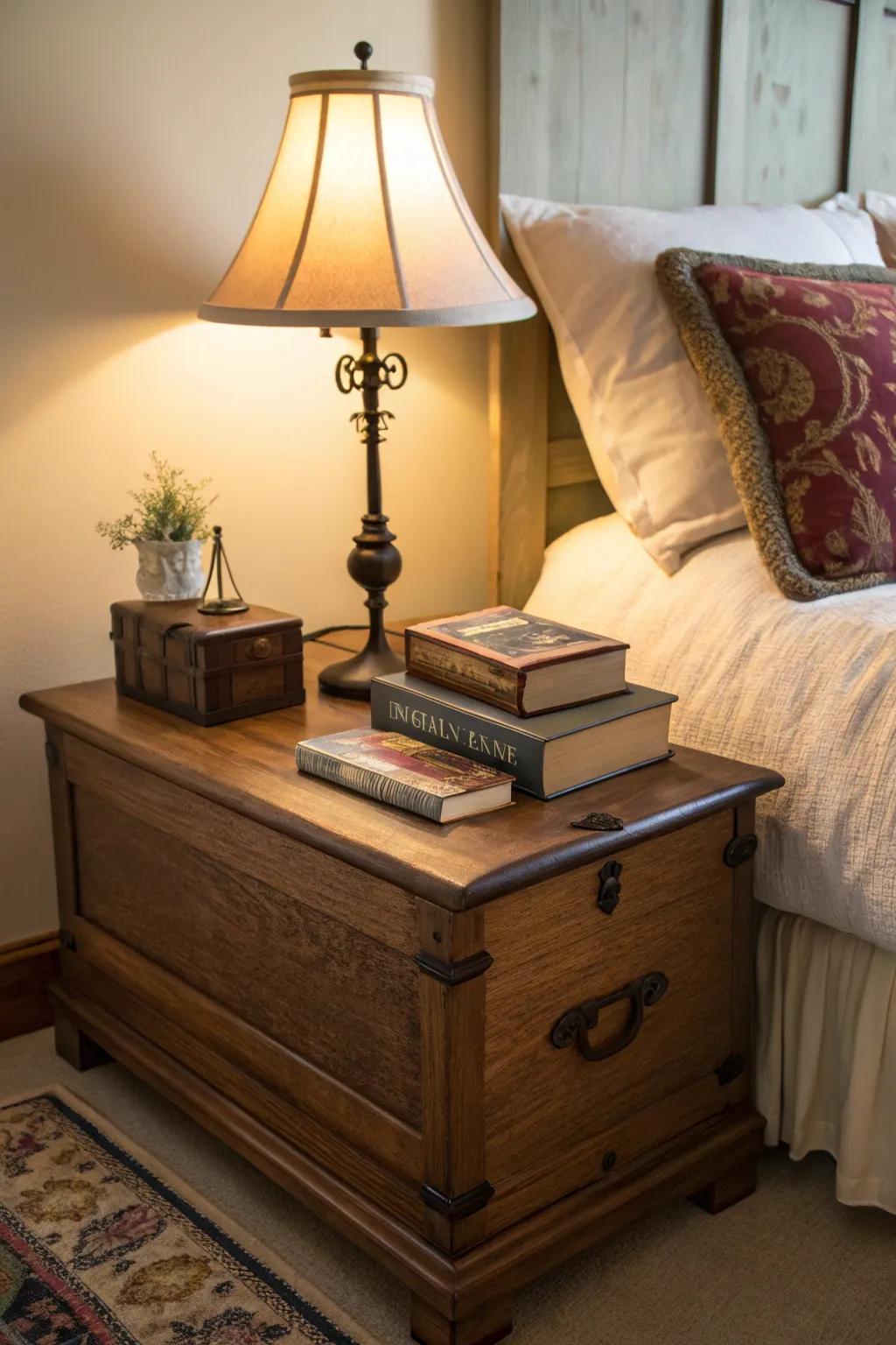 A storage trunk adds charm and functionality as a bedside stand.