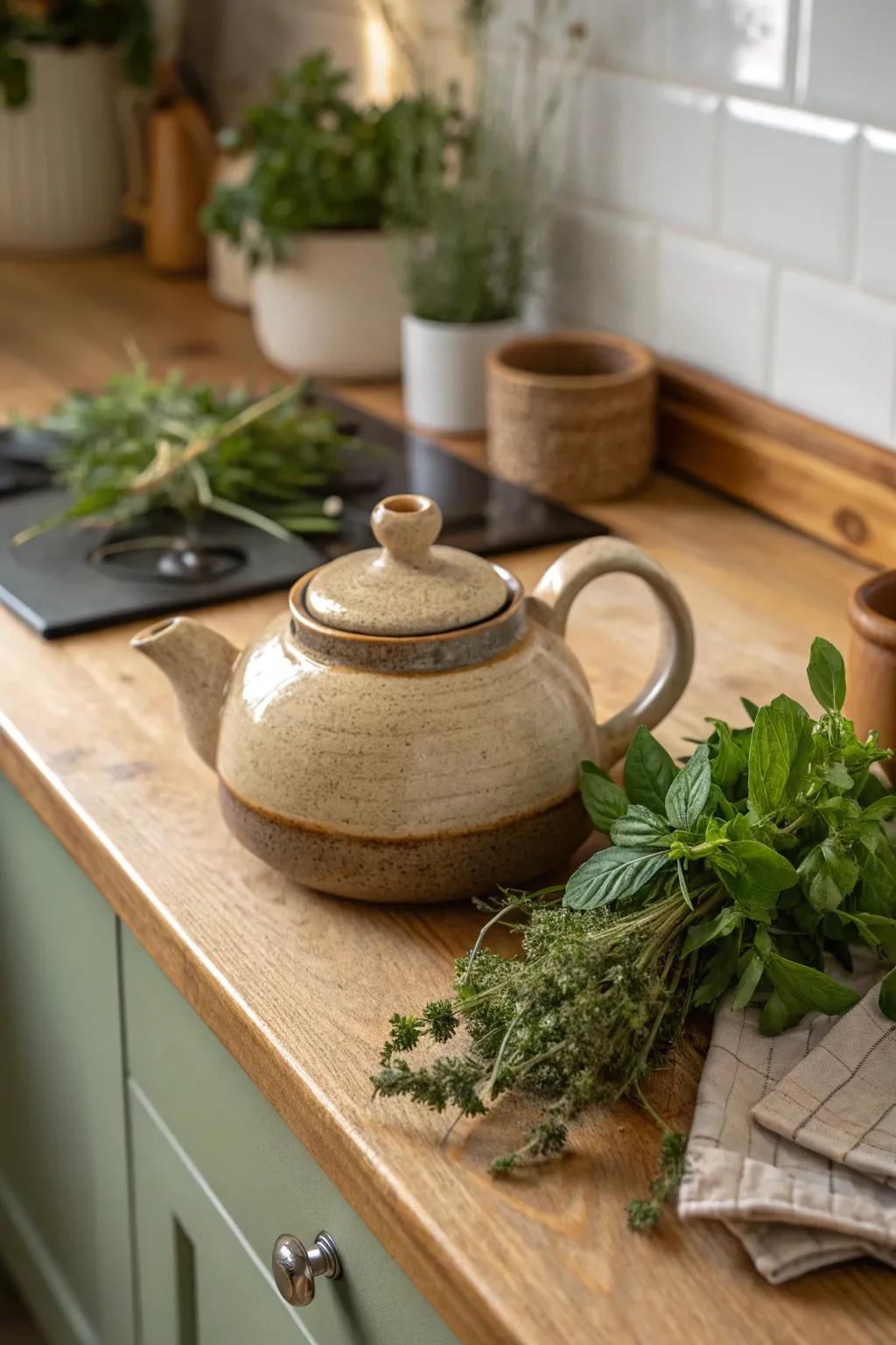 Earthy tones impart a soothing and natural feel to this teapot.