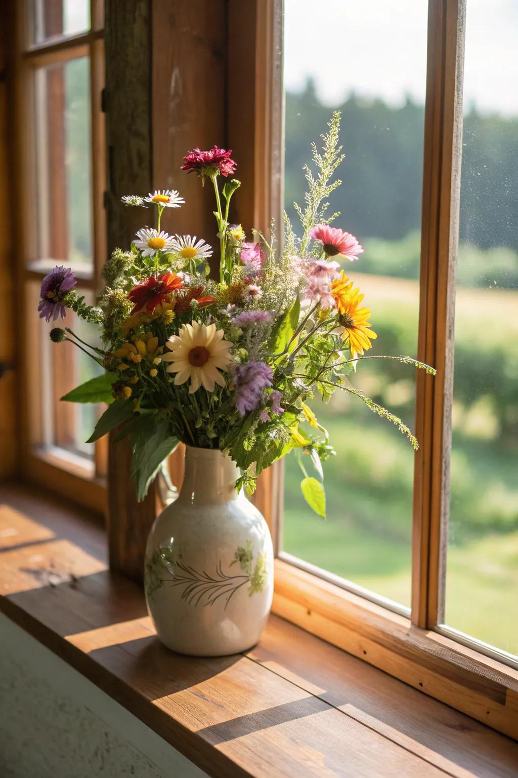 A ceramic vase overflowing with fresh wildflowers adds a touch of nature indoors.