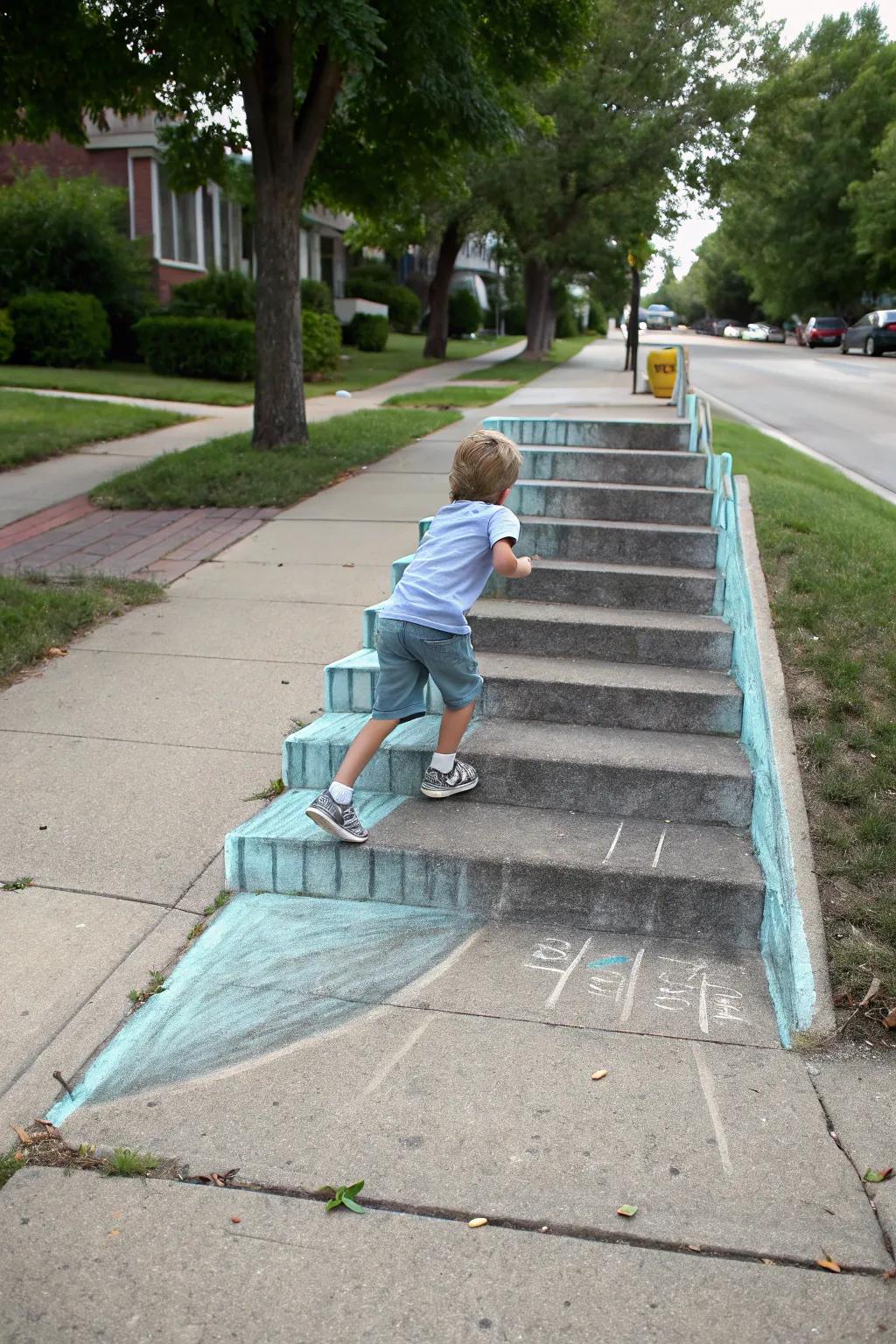 A child engaging with a 3D chalk drawing, ascending imaginary steps.