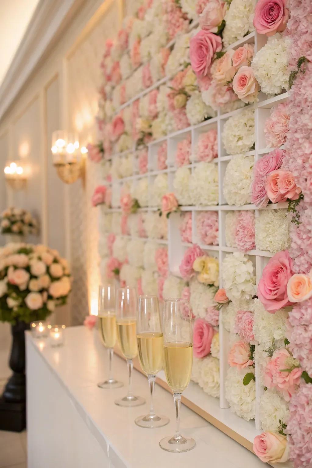 A botanical sparkling wine showcase that adds a romantic touch.