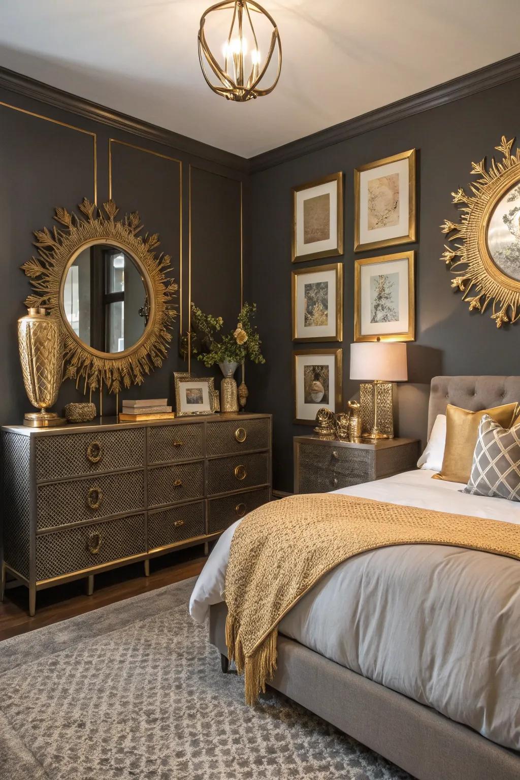 Include a hint of opulence with gold features against deep gray.