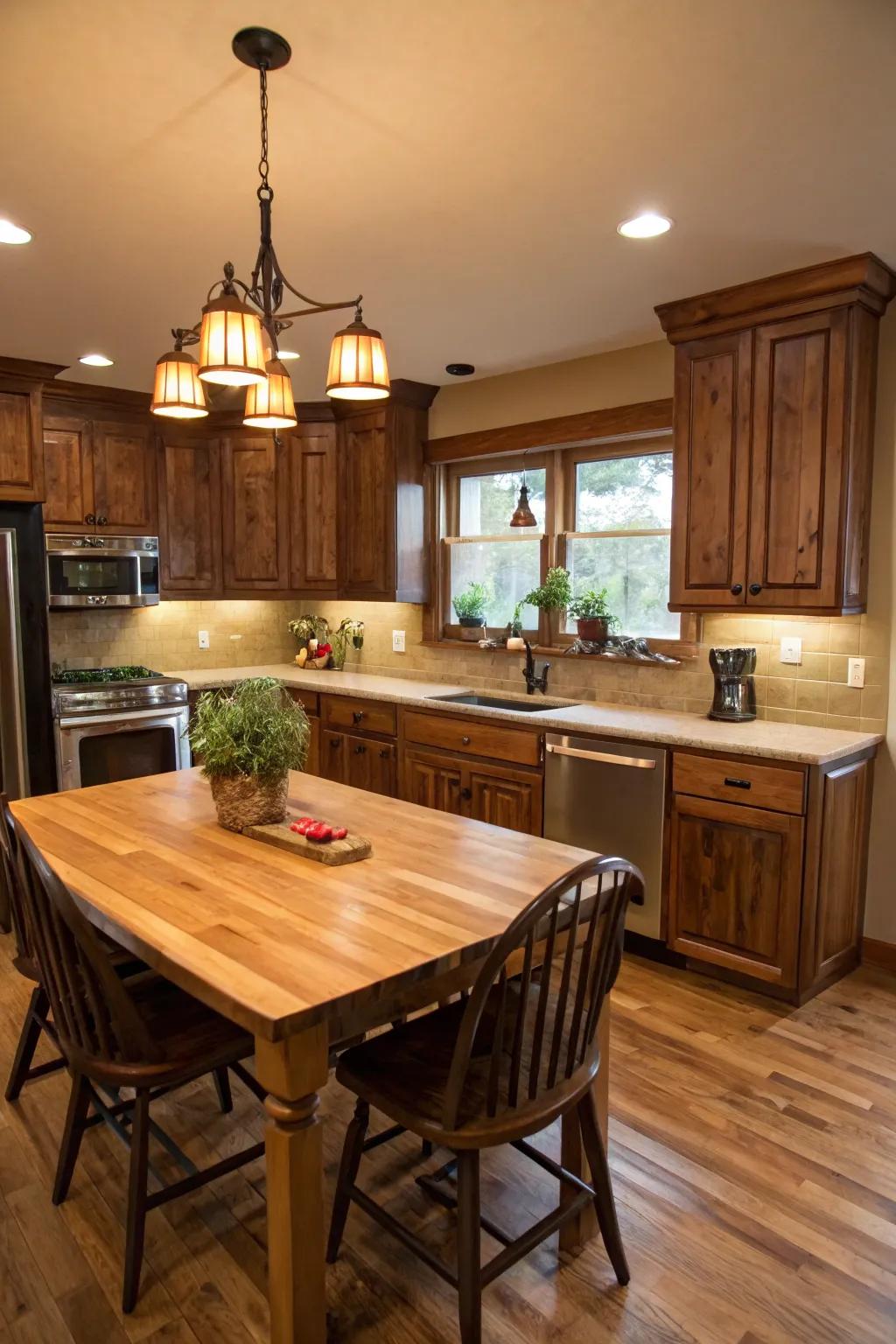 A welcoming kitchen exhibits classic butcher block countertops.