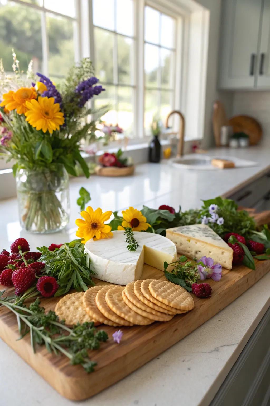 A cheese board enhanced with herbs and flowers.
