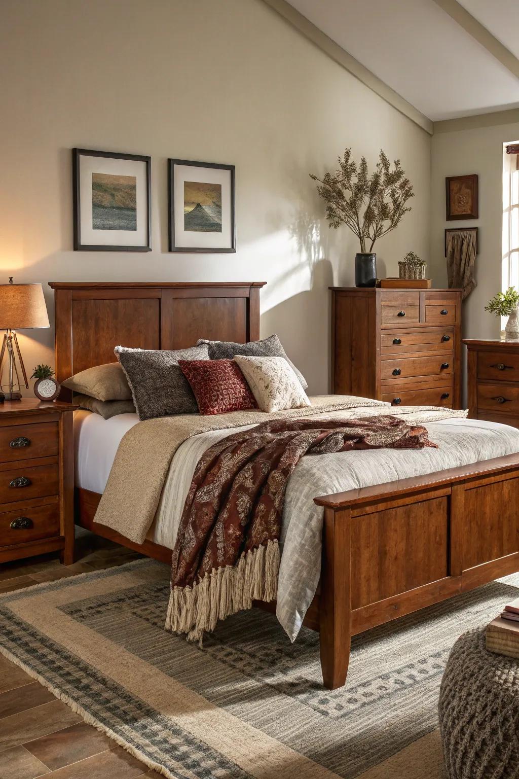 Woven materials enhancing a cherry wood bedroom setting.