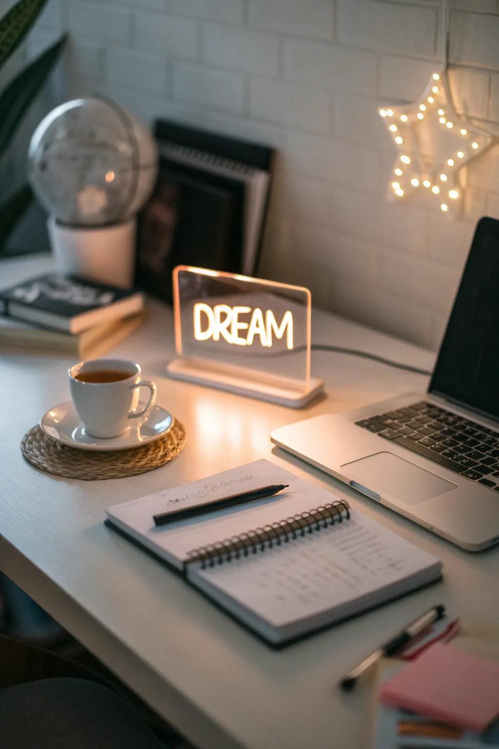 A contemporary sign bringing a stylish touch above the desk.