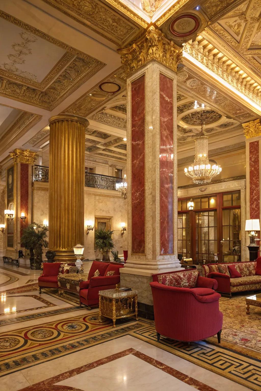 A lobby showcasing a luxurious color theme of gold, red, and earthy shades.
