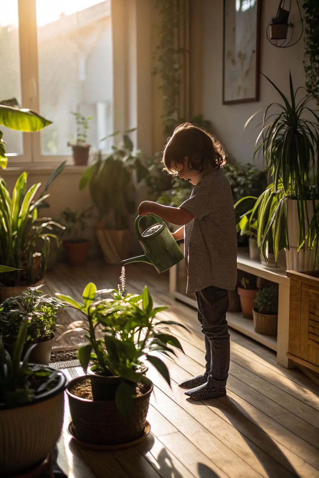 A young gardener waters houseplants.