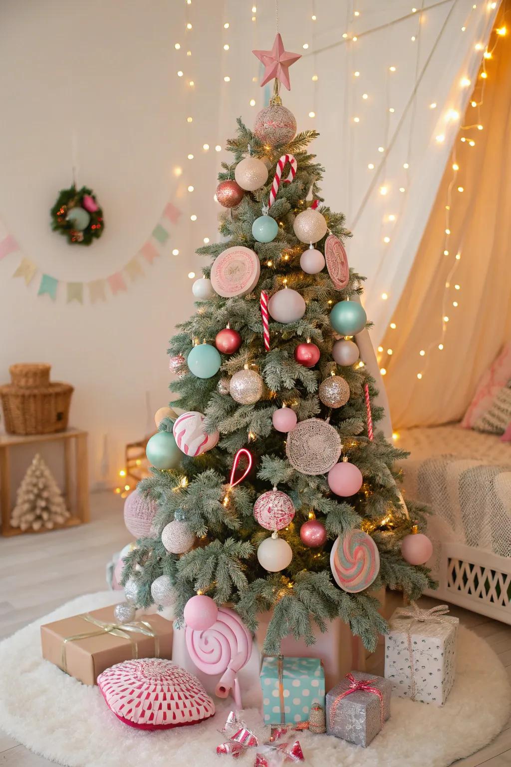 A whimsical Candyland-themed Christmas ball tree for a playful holiday touch.