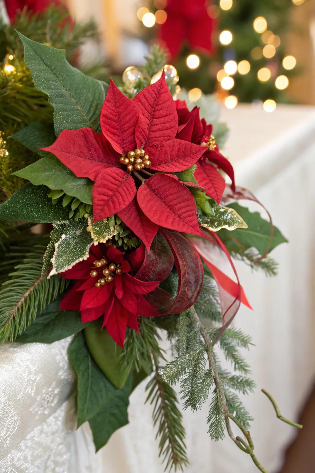 A Christmas corsage showcasing starleaves and green foliage.