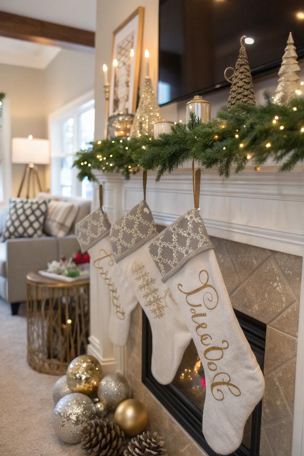 Personalized stockings add charm and elegance to your fireplace.