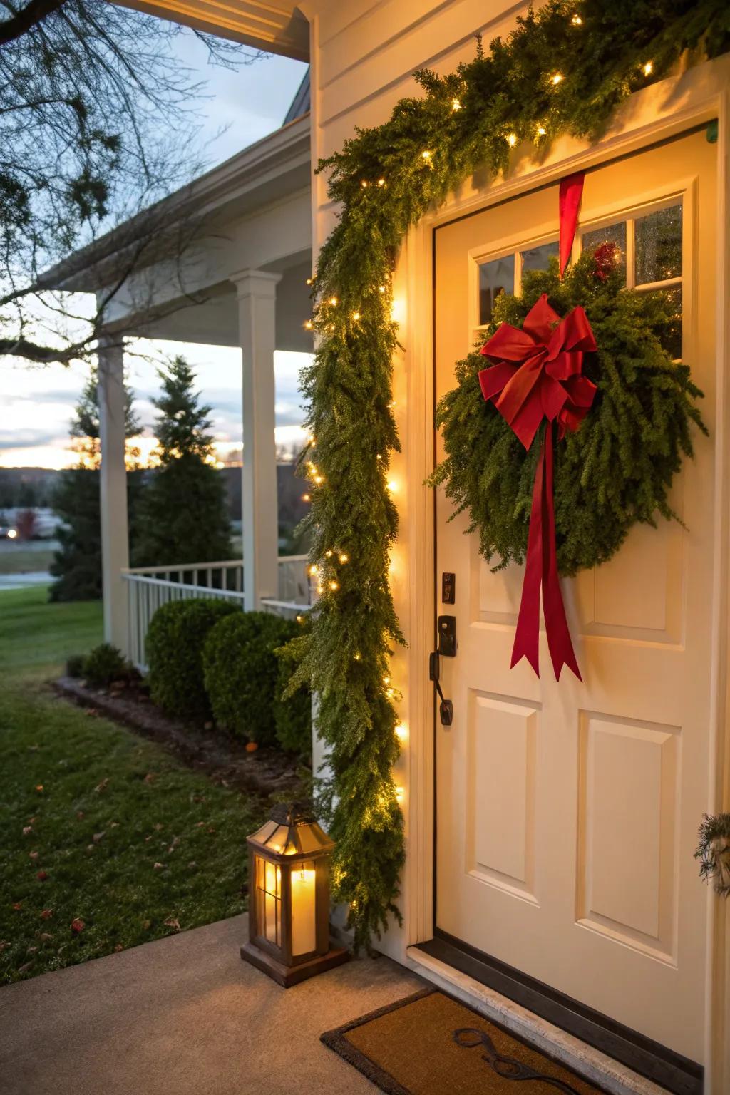 Blend nature with festive style by using foliage and bows.