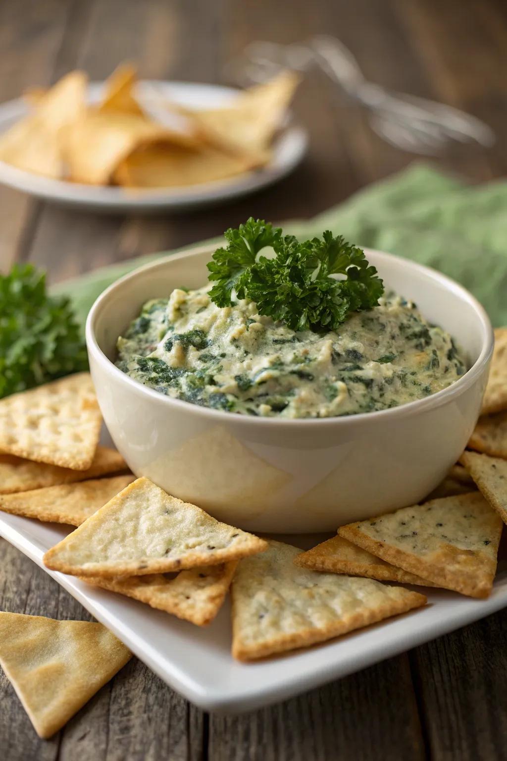 Warm spinach and artichoke dip is a must-have.