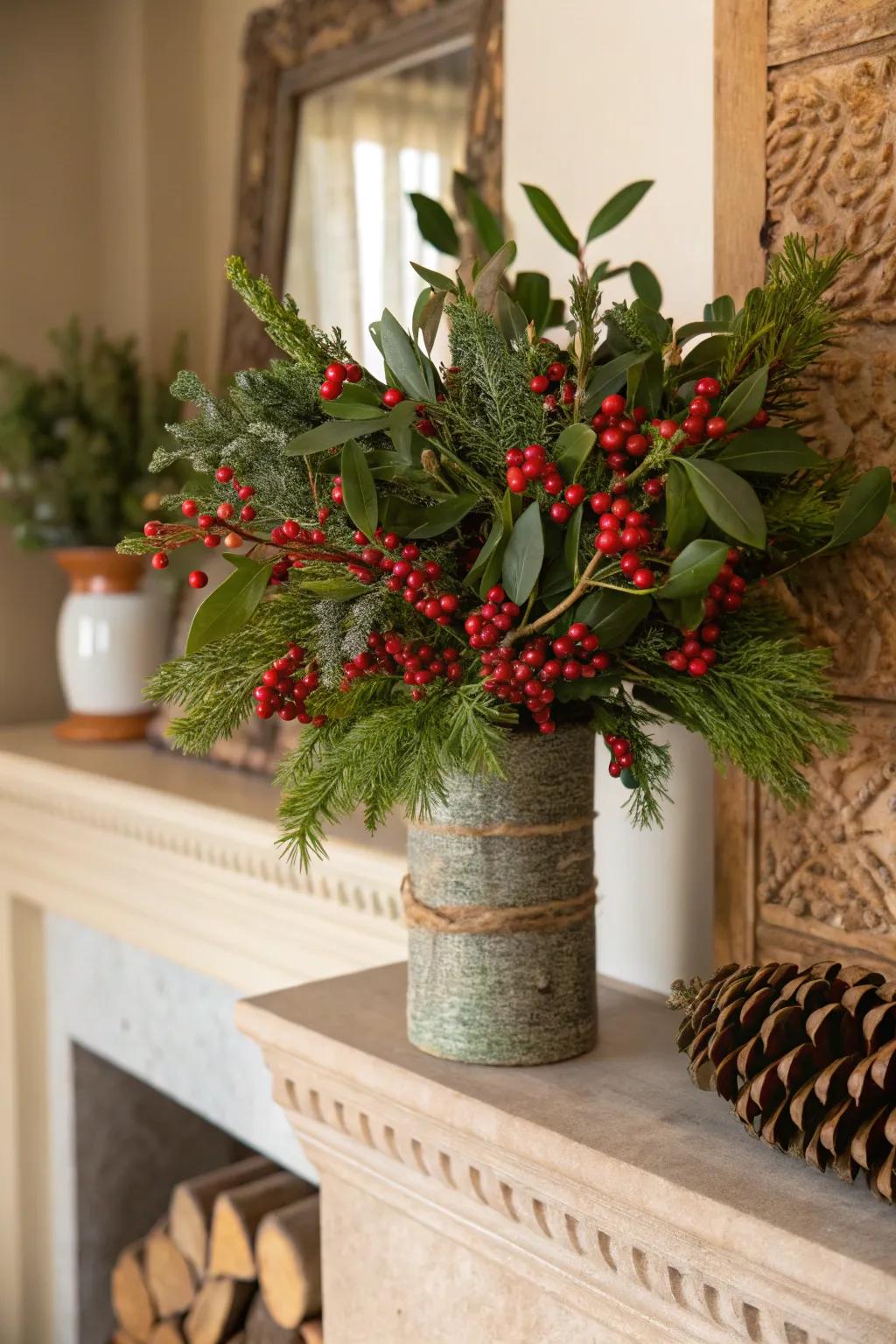 'Kissing Bough' and 'scarlet berries' create a romantic holiday centerpiece.