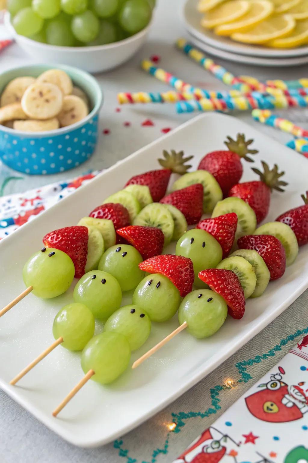 Whimsical Grinch fruit sticks to enliven your holiday party.