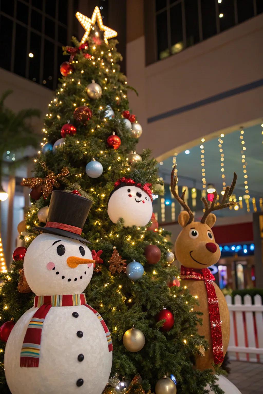 Delightful snow figure and reindeer ornaments embellishing a tree.