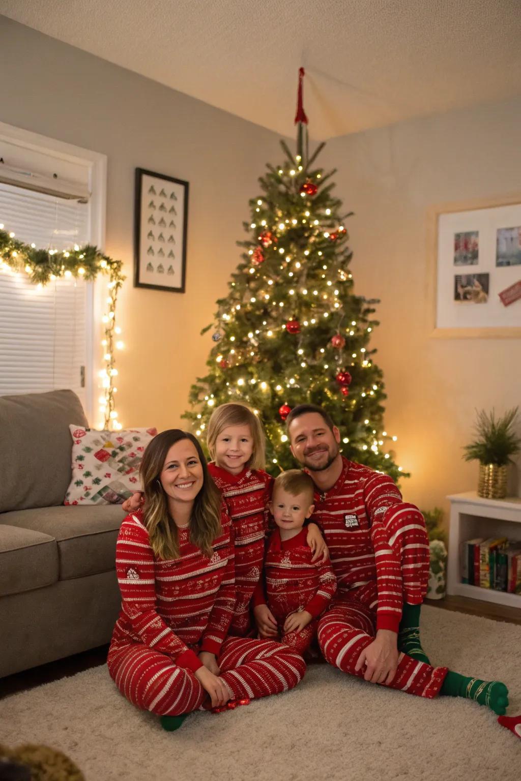 A family all dressed in matching Christmas pajamas, setting the scene for a cozy and festive atmosphere.
