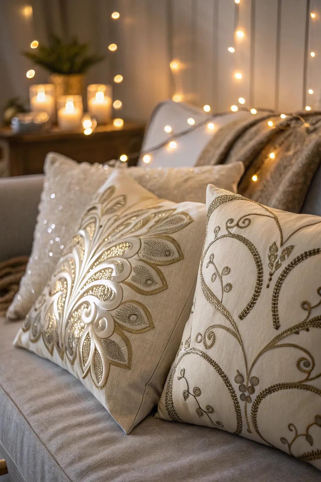 Subtle pillows with a hint of shimmer for a stylish holiday appearance.