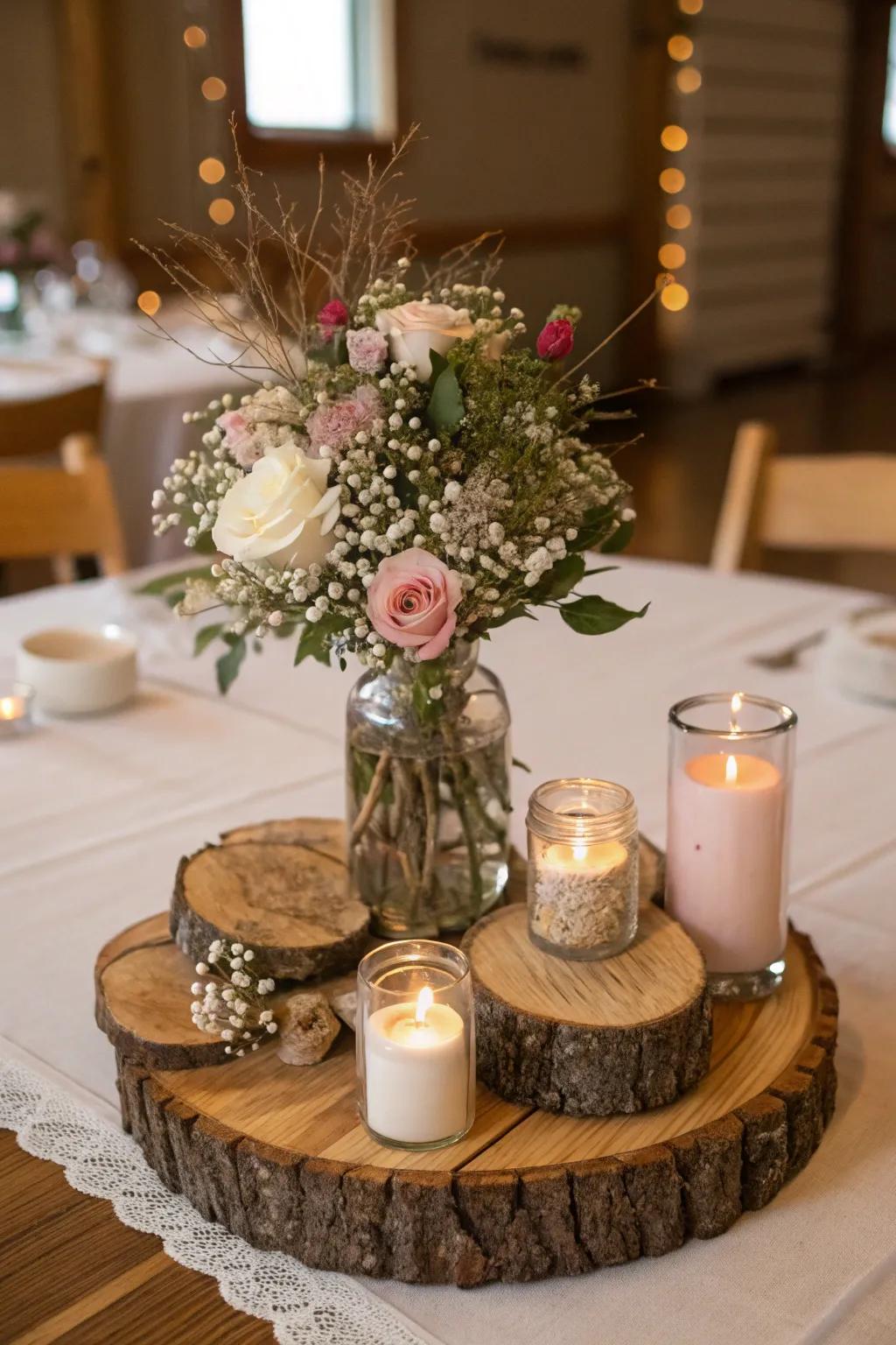 Lumber pieces contribute unrefined charm to this Christmas focal point.