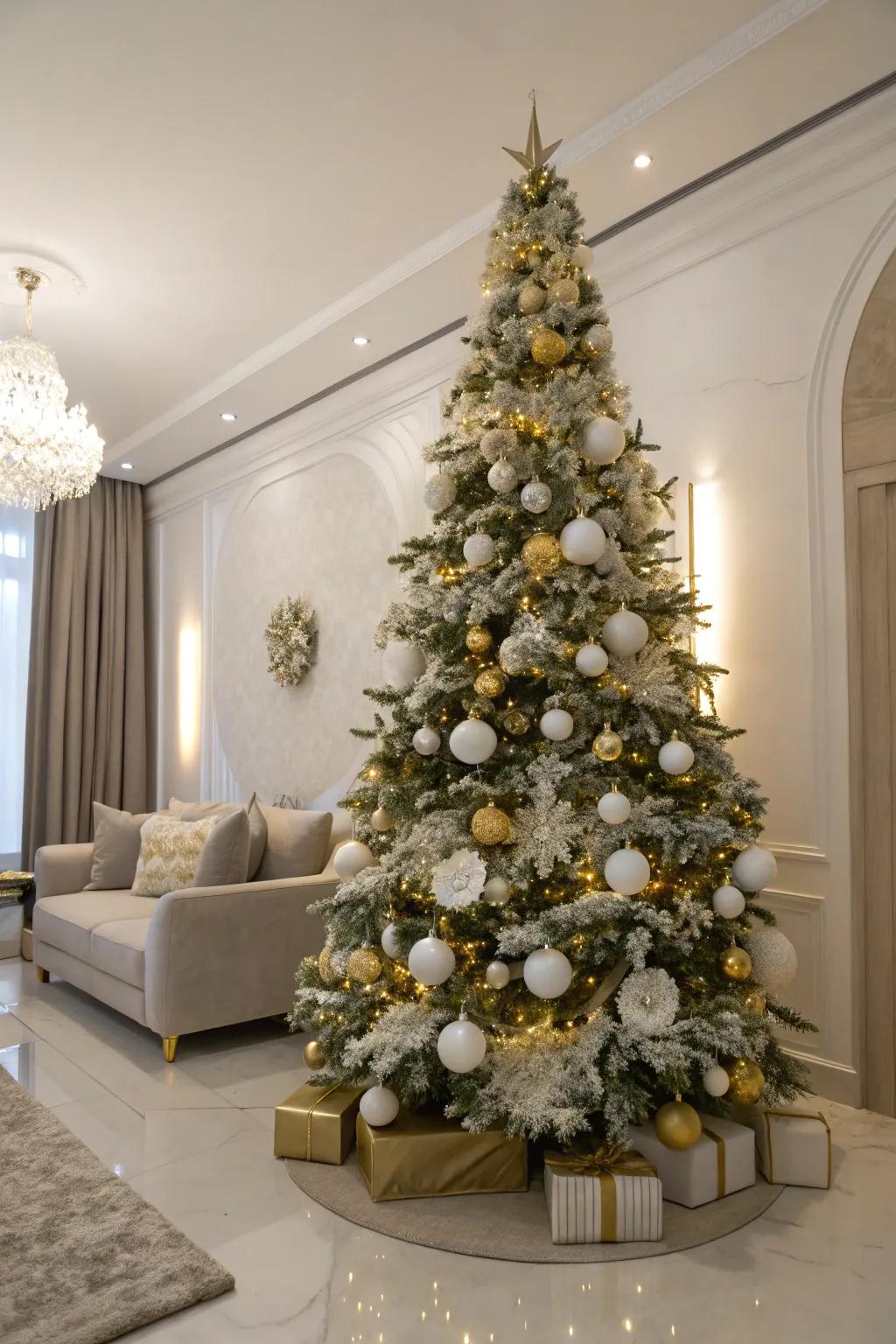 A sophisticated white and gold Christmas tree.