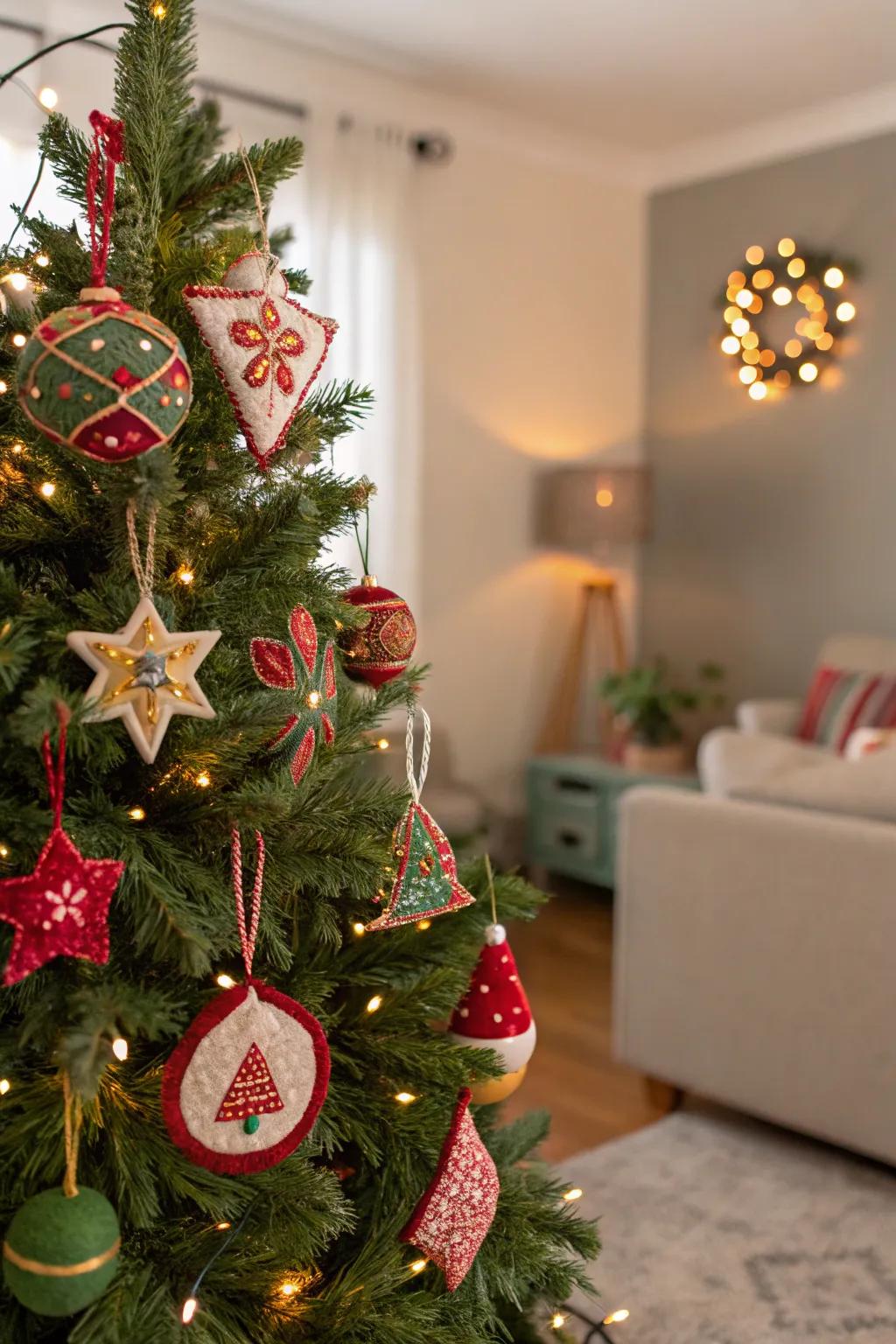 A Christmas tree with soft felt and material ornaments.
