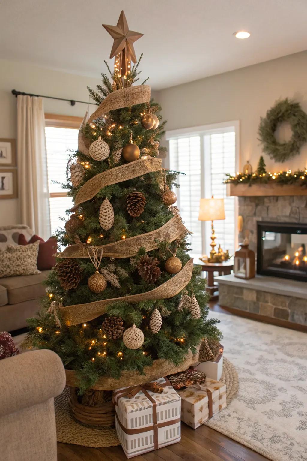 Rustic features conjure a welcoming and cozy countryside Christmas tree.